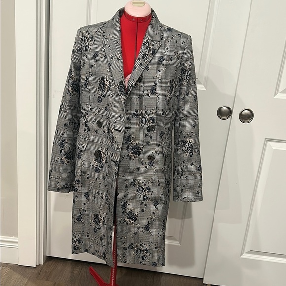 Calvin Klein Gray Floral Plaid Over Trench Coat Academia Romantic Size 8 - Picture 1 of 15